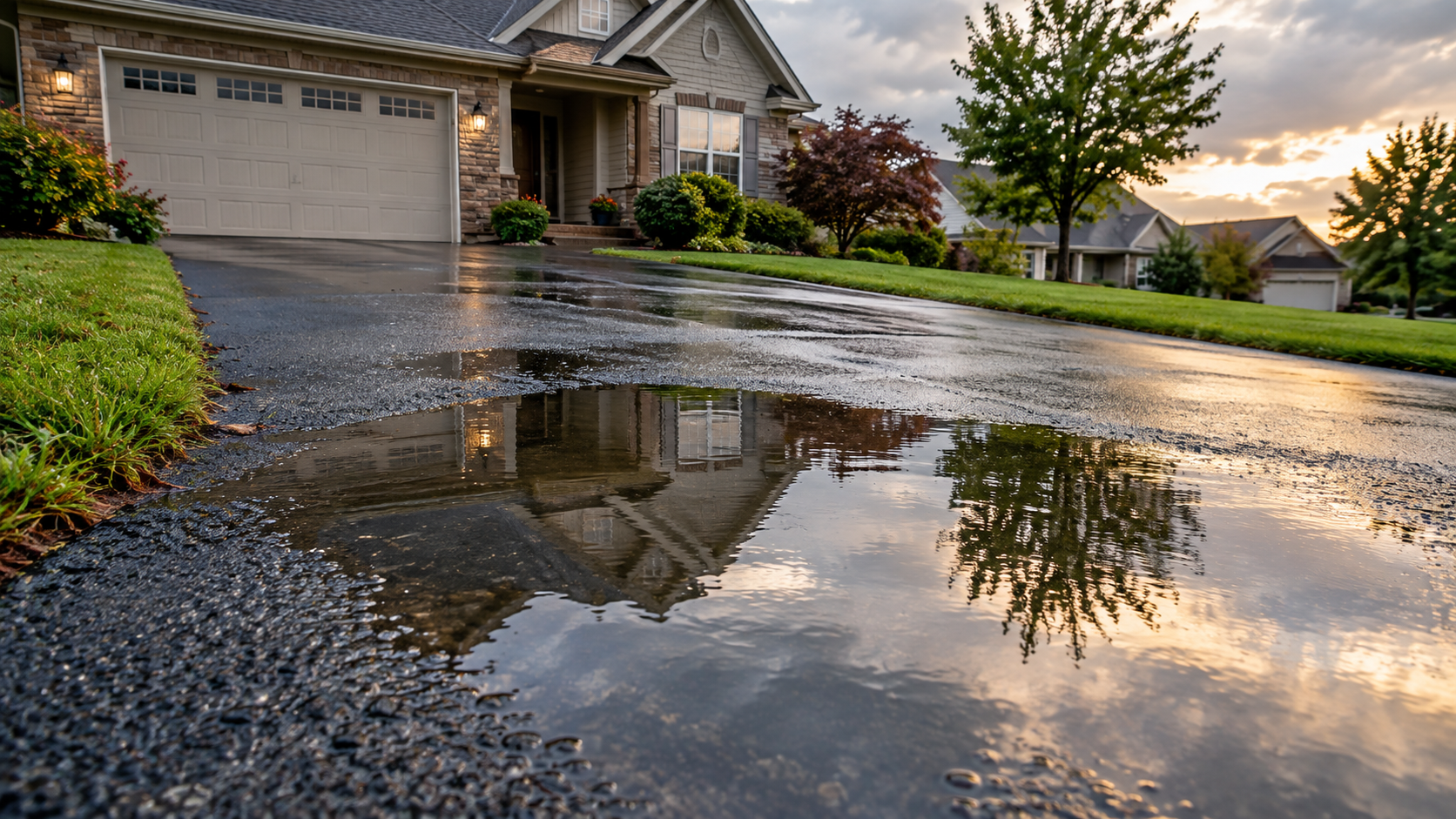 standing water pooling on an asphalt driveway with drainage problems in Springfield MO