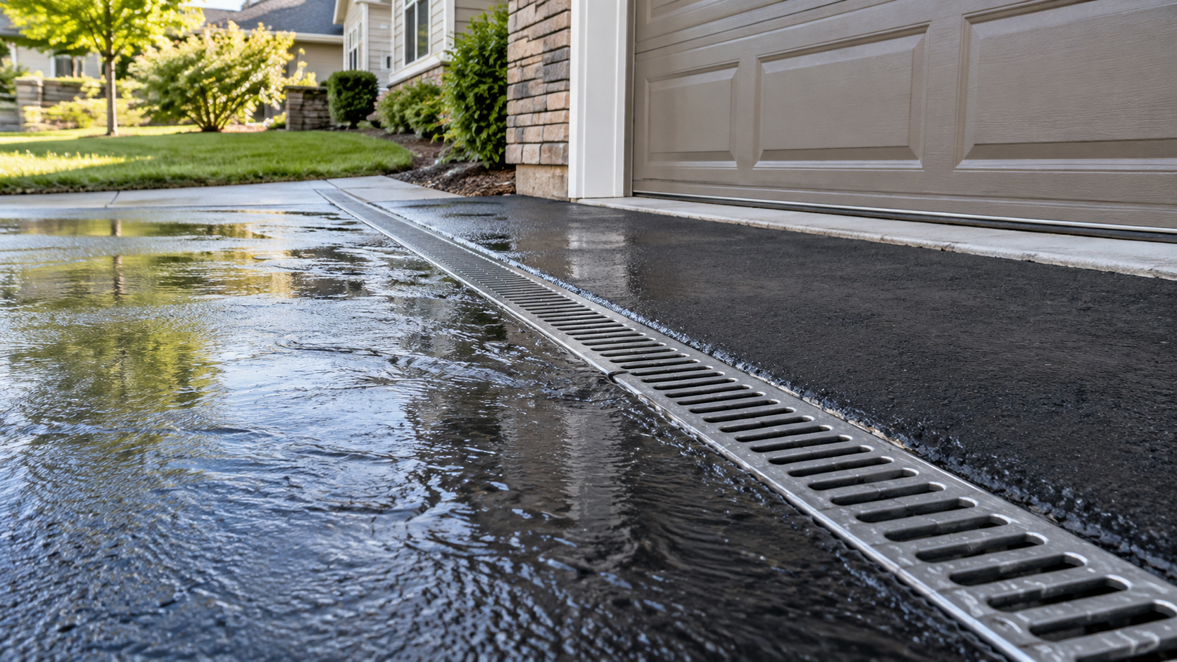 trench channel drain installed in an asphalt driveway to solve standing water near a garage