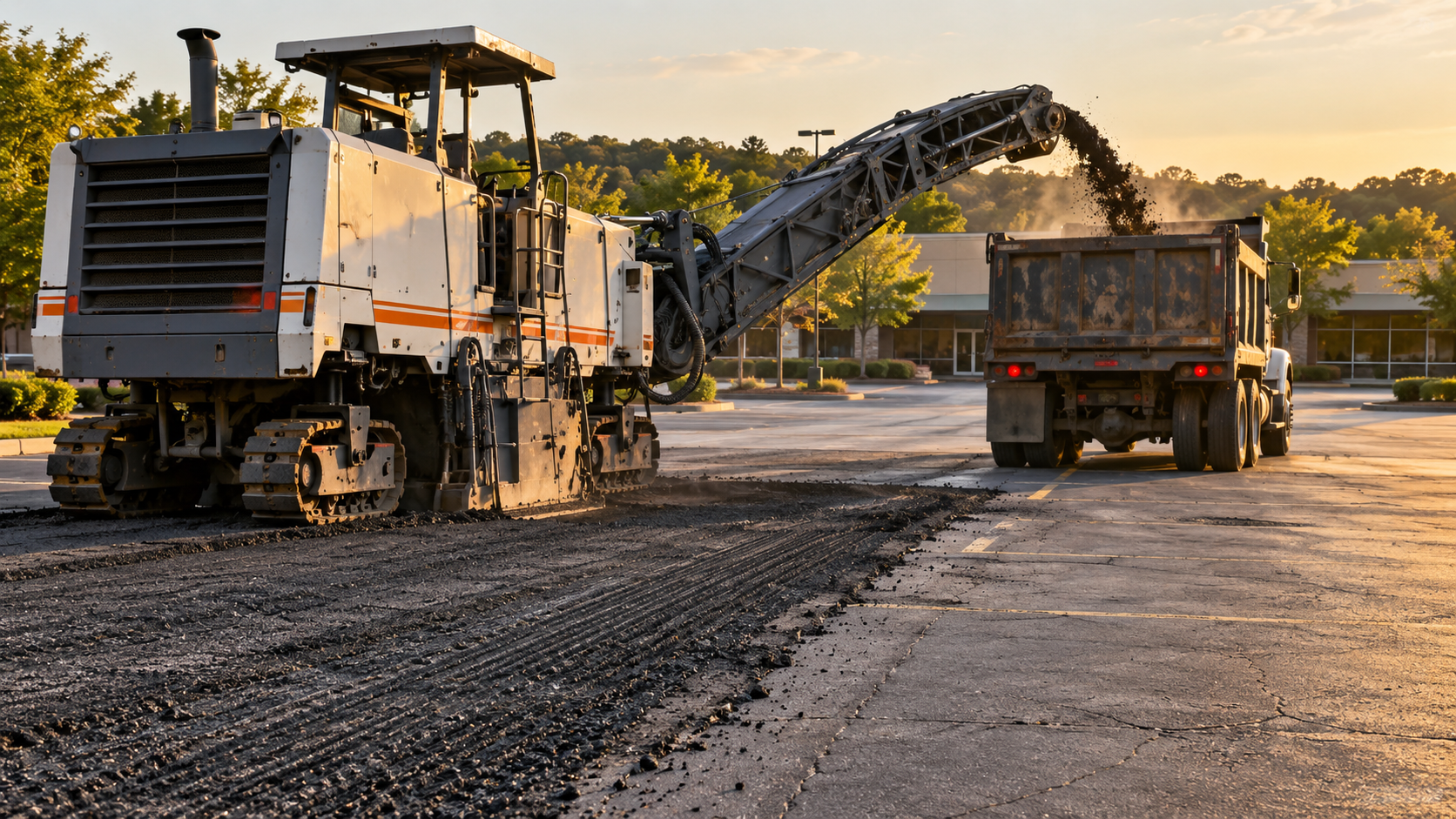 cold milling machine grinding the top layer of asphalt on a Springfield MO parking lot, showing what is asphalt milling in action