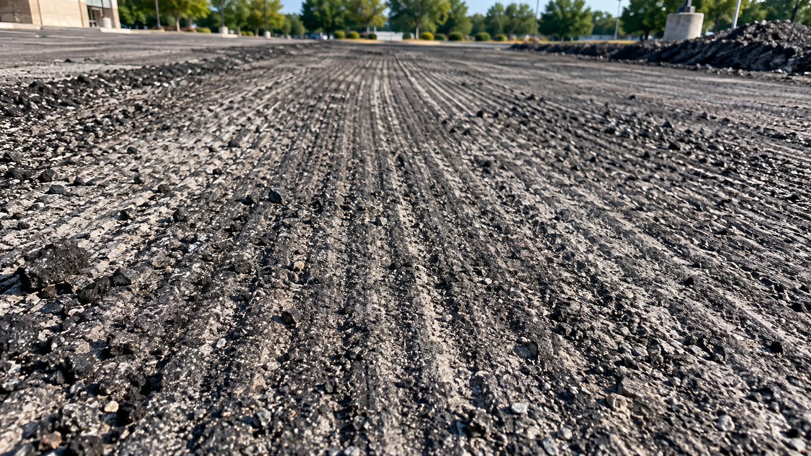 close-up of a freshly milled asphalt surface with grooved ridges from the milling drum in Springfield MO
