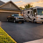 new asphalt driveway with correct asphalt driveway thickness in Springfield MO with a pickup truck and RV parked on it