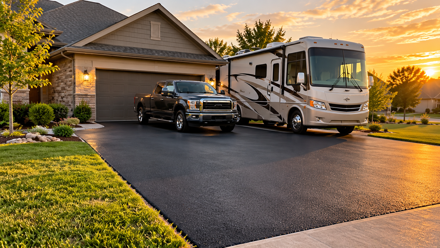 new asphalt driveway with correct asphalt driveway thickness in Springfield MO with a pickup truck and RV parked on it