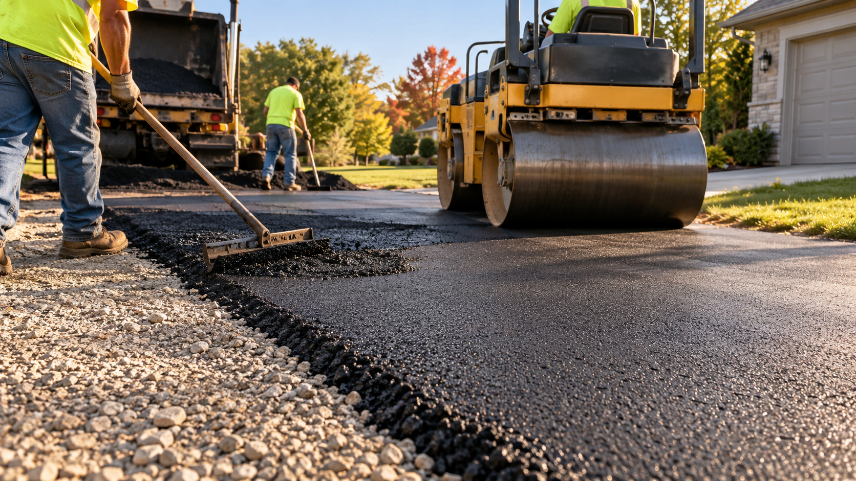 asphalt paving crew rolling fresh hot asphalt over a compacted gravel base to build driveway thickness in Springfield MO