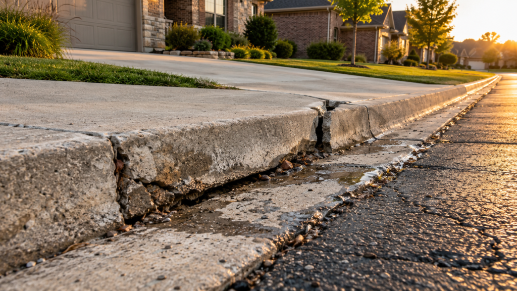 cracked broken concrete curb and gutter separating from an asphalt driveway edge in Springfield MO needing curb and gutter repair