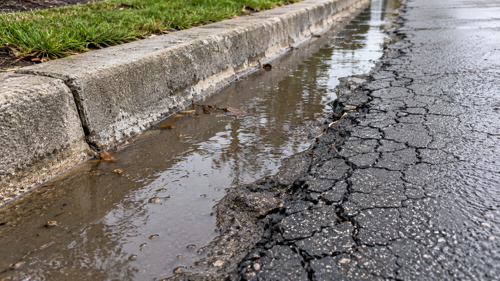 standing water pooling along a concrete gutter line next to alligator cracking in the asphalt pavement edge