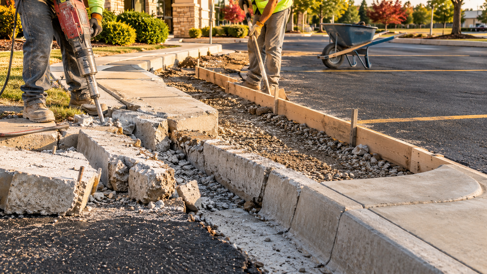 concrete crew removing a saw-cut broken curb and gutter section with exposed gravel base before a new pour