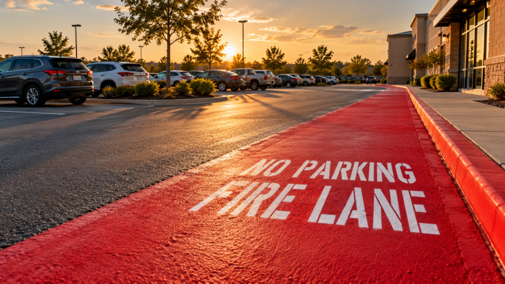 red-painted fire lane with white NO PARKING FIRE LANE lettering in a Springfield MO commercial parking lot