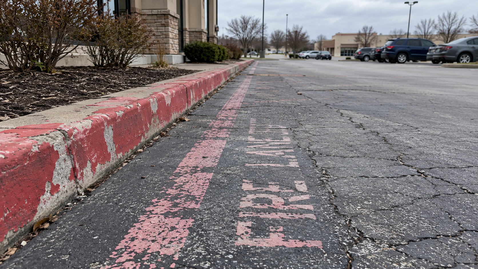 faded worn fire lane markings on an older Springfield MO commercial lot before re-striping