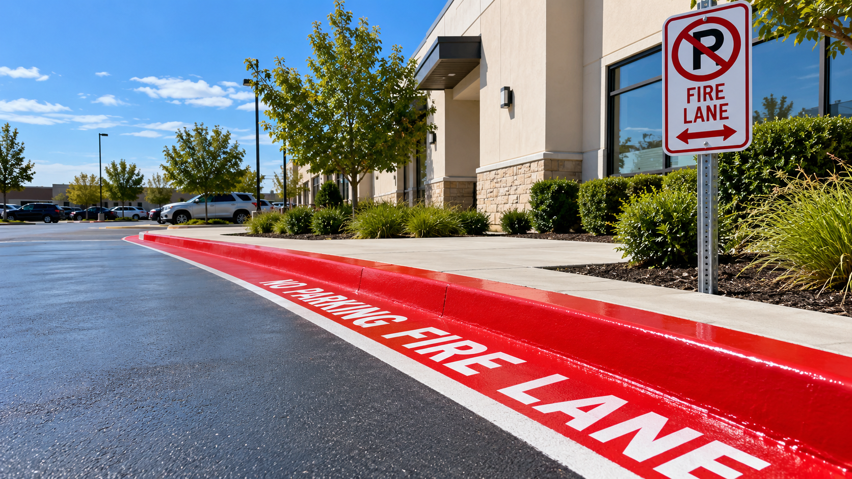 freshly striped red fire lane curb with no parking fire lane sign outside a Springfield business