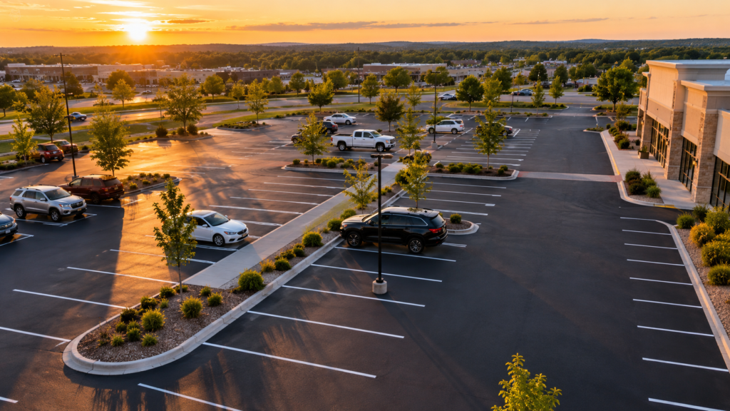 Freshly striped commercial parking lot layout in Springfield MO with crisp white stalls
