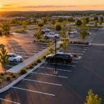 Freshly striped commercial parking lot layout in Springfield MO with crisp white stalls