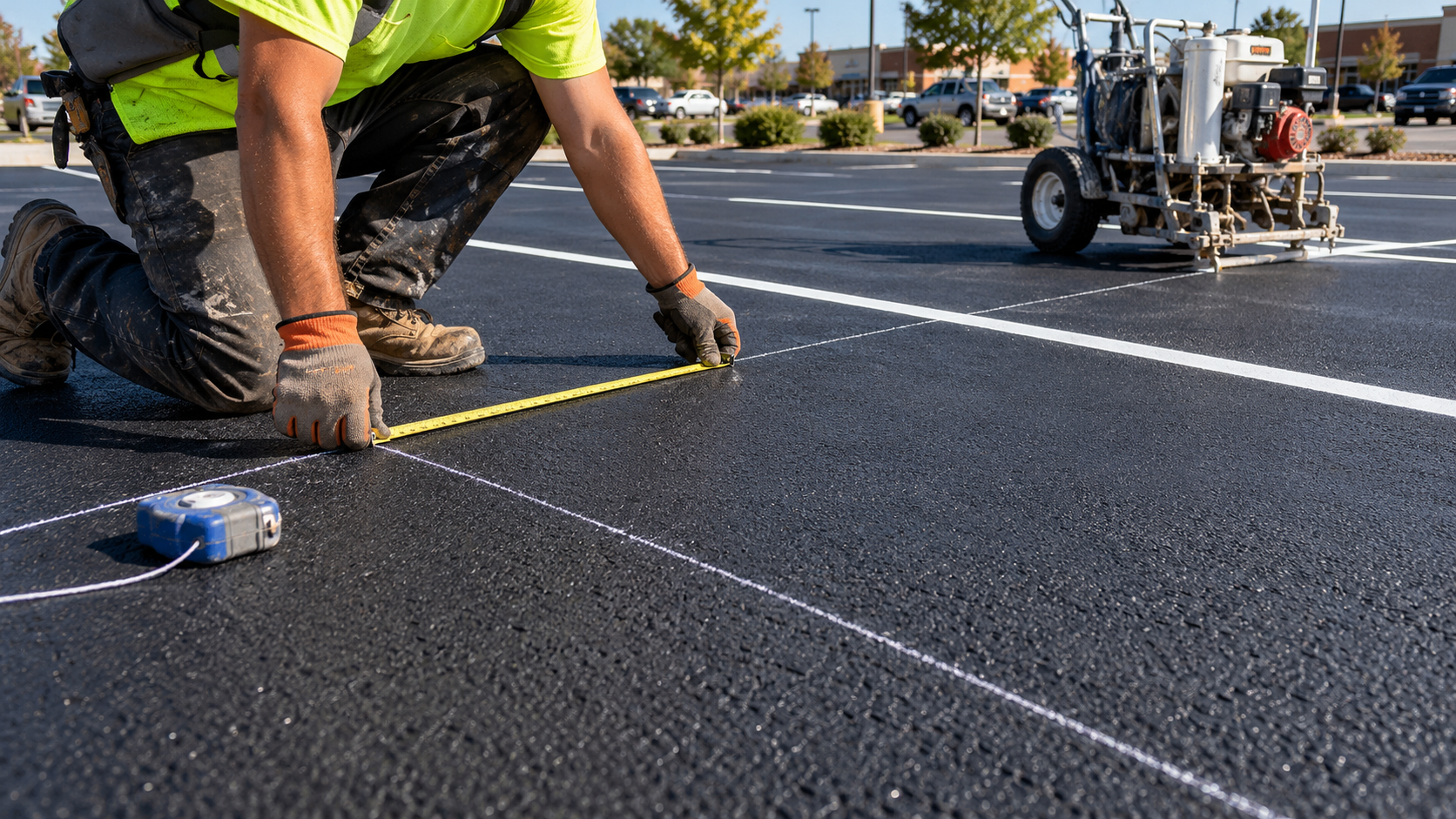 Paving crew measuring parking stall dimensions and drive aisle width on a Springfield lot