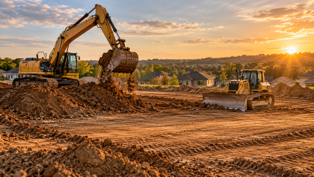 excavator and bulldozer grading a raw lot into a build-ready pad during site preparation for construction in Springfield MO