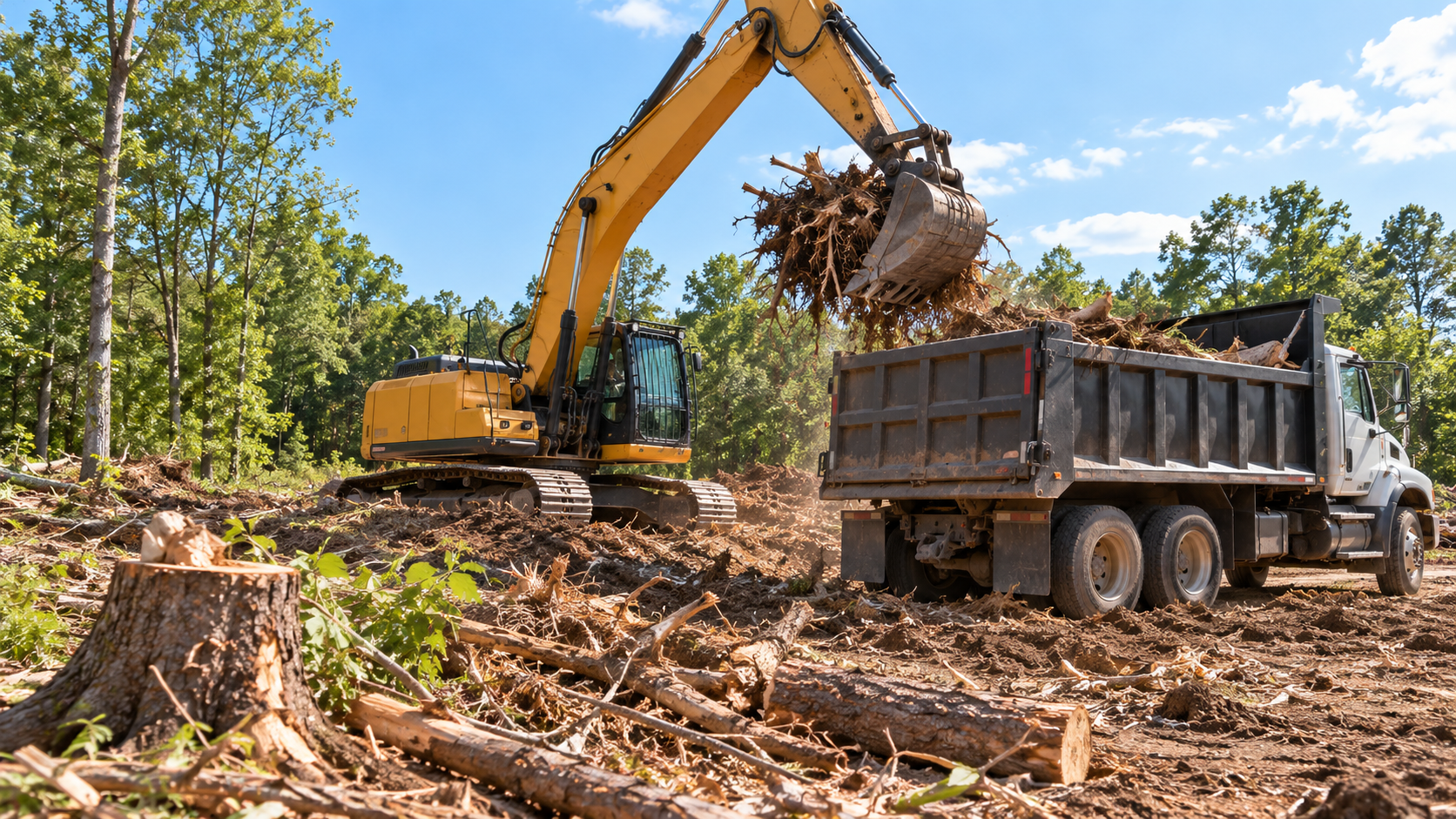 excavation crew site clearing a wooded lot, removing stumps and brush on a Springfield MO construction site