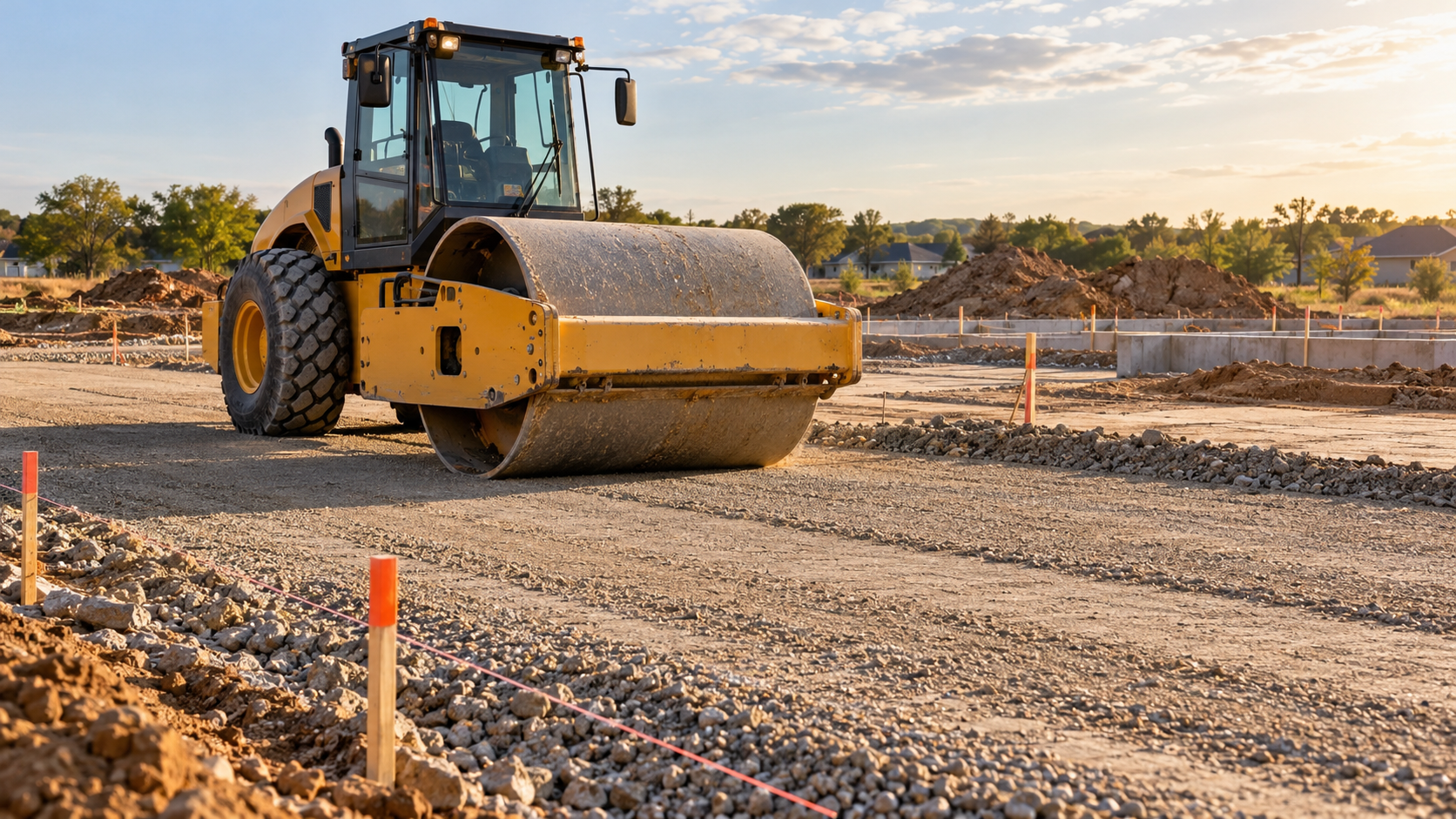 roller compacting a graded subgrade during excavation and grading of a new construction pad in Springfield MO