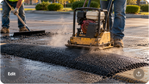 paving crew compacting a hot asphalt speed bump onto a parking lot surface