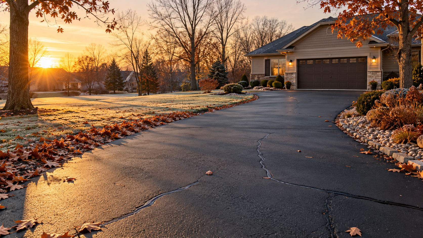 Asphalt driveway in Springfield MO being prepared for winter with leaves cleared and cracks sealed
