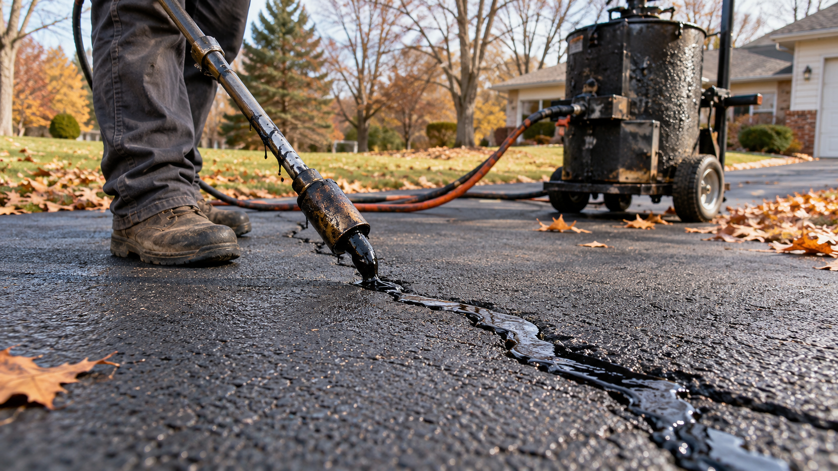 Crew applying hot rubberized crack filler to an asphalt driveway crack before winter in Springfield MO