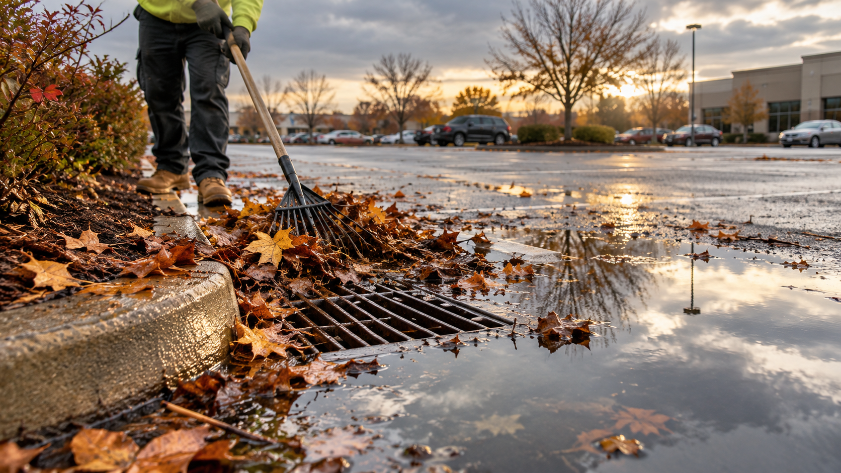 Clearing fall leaves from an asphalt parking lot drain to prevent standing water and winter ice